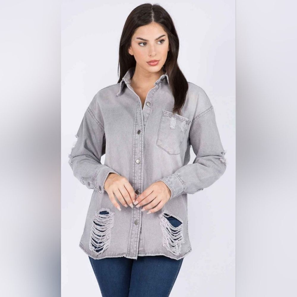 American Bazi Gray Deconstructed Denim Shacket (S)